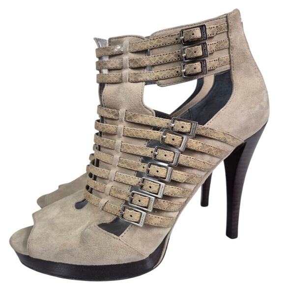 Calvin Klein Leather Cage Gladiator Stiletto Heel Sandals Suede Snakeskin 9 NWOB - Picture 5 of 7